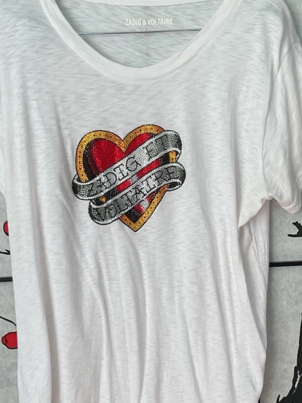 Zadig & Voltaire White Tee with Red & Gold Sequin Heart